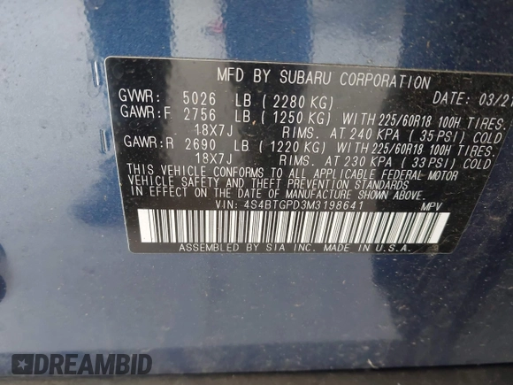 2021 Subaru Outback Touring XT z VIN 4S4BTGPD3M3198641, wystawiony jako IAAI lot #42047006 z przebiegiem 43 048 mil mil oraz . Historia ofert i sprzedaży dostępna na DreamBid. Obrazek 9.