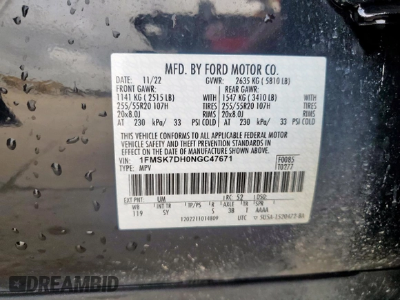 2022 Ford Explorer XLT z VIN 1FMSK7DH0NGC47671, wystawiony jako Copart lot #54669975 z przebiegiem 36 271 mil mil oraz Czysty tytuł • Clean title. Historia ofert i sprzedaży dostępna na DreamBid. Obrazek 14.