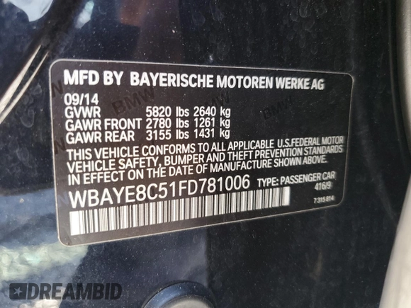 2015 BMW 7 Series 750Li with VIN WBAYE8C51FD781006, listed as a Copart auction lot 48202715 with 50,601 mi miles and Salvage Title. Bid and sale history available at carsss.com. Image 12.