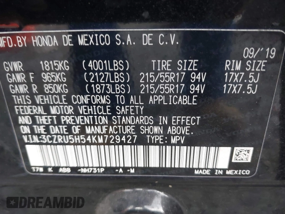 2019 Honda HR-V EX with VIN 3CZRU5H54KM729427, listed as a IAAI auction lot 41215958 with 81,957 mi miles. Bid and sale history available at carsss.com. Image 9.