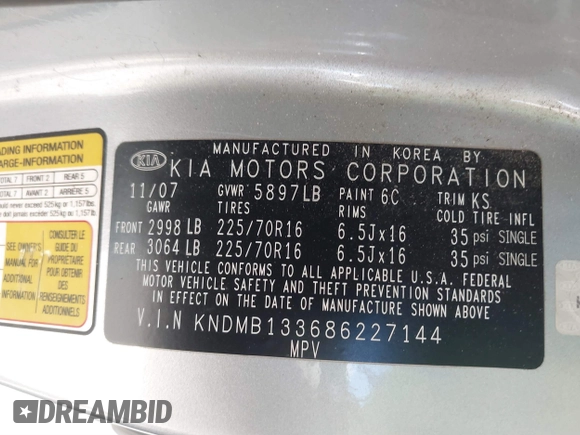 2008 Kia Sedona with VIN KNDMB133686227144, listed as a IAAI auction lot 41868692 with 124,269 mi miles. Bid and sale history available at carsss.com. Image 9.