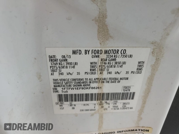 2013 Ford F-150 XL with VIN 1FTFW1EF9DKF66261, listed as a Copart auction lot 49215605 with 114,061 mi miles and Clean Title. Bid and sale history available at carsss.com. Image 10.