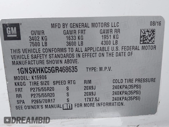 2016 Chevrolet Suburban LT with VIN 1GNSKHKC5GR468635, listed as a IAAI auction lot 41735340 with 102,795 mi miles and . Bid and sale history available at DreamBid. Image 9.