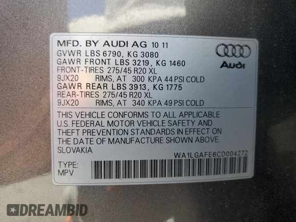 2012 Audi Q7 Premium Plus с VIN WA1LGAFE6CD004272, выставлен на аукционе Copart как лот 57313835 с пробегом 146 690 миль миль и Списание • Salvage title. История ставок и продаж доступна на DreamBid. Изображение 12.