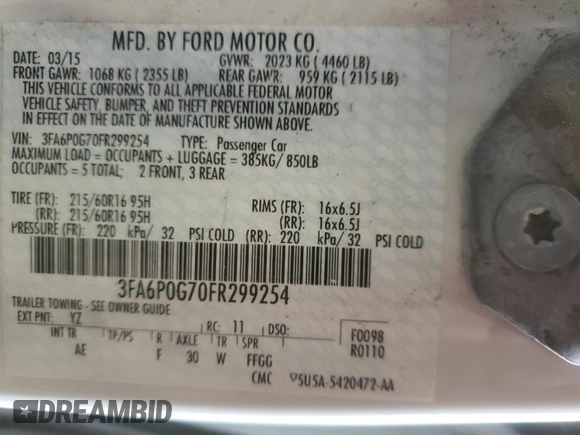 2015 Ford Fusion S with VIN 3FA6P0G70FR299254, listed as a Copart auction lot 51731845 with 170,384 mi miles and Clean Title. Bid and sale history available at carsss.com. Image 12.