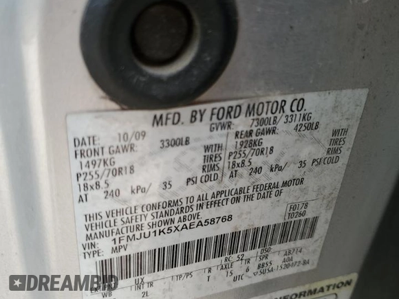 2010 Ford Expedition Limited with VIN 1FMJU1K5XAEA58768, listed as a Copart auction lot 53966465 with 293,134 mi miles and Clean title. Bid and sale history available at DreamBid. Image 13.