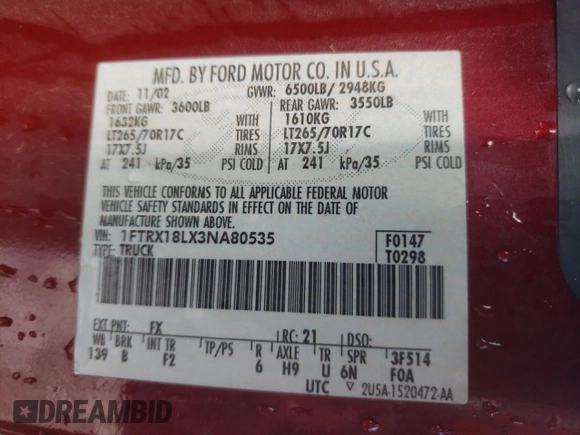 2003 Ford F-150 XL с VIN 1FTRX18LX3NA80535, выставлен на аукционе Copart как лот 61839854 с пробегом 291 397 миль миль и Списание • Salvage title. История ставок и продаж доступна на DreamBid. Изображение 12.