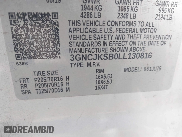 2020 Chevrolet Trax LS z VIN 3GNCJKSB0LL130816, wystawiony jako IAAI lot #42225467 z przebiegiem 55 943 mil mil oraz . Historia ofert i sprzedaży dostępna na DreamBid. Obrazek 9.