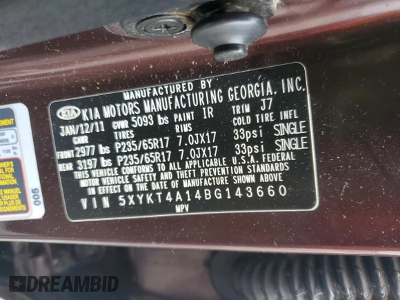 2011 Kia Sorento LX with VIN 5XYKT4A14BG143660, listed as a Copart auction lot 48364195 with 88,883 mi miles and Salvage Title. Bid and sale history available at carsss.com. Image 13.