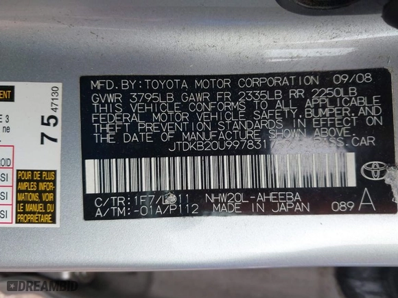 2009 Toyota Prius with VIN JTDKB20U997831759, listed as a IAAI auction lot 41677199 with 200,826 mi miles. Bid and sale history available at carsss.com. Image 9.