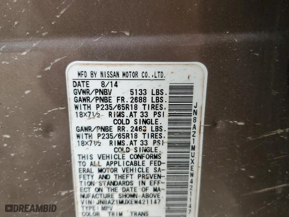 2014 Nissan Murano SL with VIN JN8AZ1MUXEW421147, listed as a Copart auction lot 48932605 with 189,369 mi miles and Salvage Title. Bid and sale history available at carsss.com. Image 13.