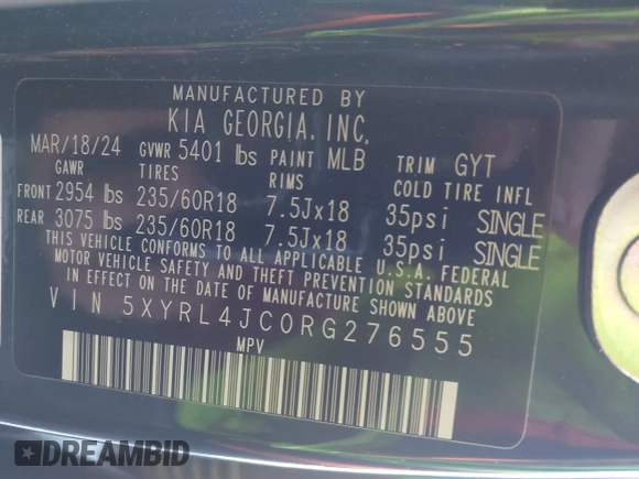 2024 Kia Sorento S z VIN 5XYRL4JC0RG276555, wystawiony jako IAAI lot #41417131 z przebiegiem 7 149 mil mil oraz . Historia ofert i sprzedaży dostępna na DreamBid. Obrazek 9.