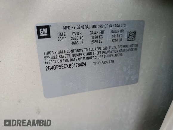 2011 Buick Regal CXL RL2 with VIN 2G4GP5ECXB9176424, listed as a Copart auction lot 61353695 with 84,820 mi miles and Salvage title. Bid and sale history available at DreamBid. Image 12.