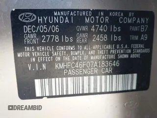 2007 Hyundai Azera SE with VIN KMHFC46F07A183646, listed as a IAAI auction lot 41705832 with 67,230 mi miles. Bid and sale history available at carsss.com. Image 9.