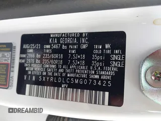2021 Kia Sorento S with VIN 5XYRLDLC5MG073425, listed as a IAAI auction lot 41985477 with 54,440 mi miles and . Bid and sale history available at DreamBid. Image 9.