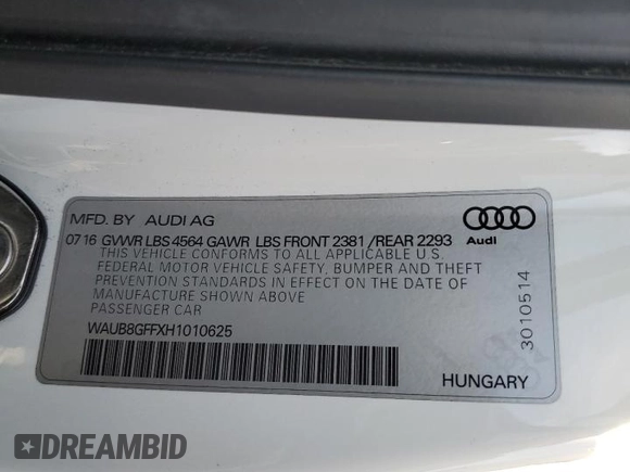 2017 Audi A3 Sedan Premium with VIN WAUB8GFFXH1010625, listed as a Copart auction lot 78917463 with 42,203 mi miles. Bid and sale history available at carsss.com. Image 13.