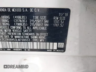 2020 Honda HR-V EX with VIN 3CZRU6H53LM708933, listed as a IAAI auction lot 41695577 with 92,703 mi miles. Bid and sale history available at carsss.com. Image 9.
