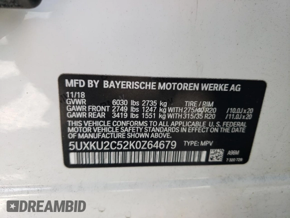 2019 BMW X6 xDrive35i with VIN 5UXKU2C52K0Z64679, listed as a Copart auction lot 69003673 with Not Provided miles. Bid and sale history available at carsss.com. Image 13.