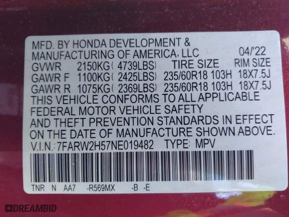 2022 Honda CR-V EX with VIN 7FARW2H57NE019482, listed as a IAAI auction lot 41588395 with 107,031 mi miles. Bid and sale history available at carsss.com. Image 9.