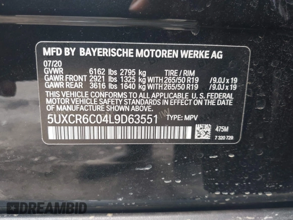 2020 BMW X5 xDrive40i with VIN 5UXCR6C04L9D63551, listed as a IAAI auction lot 42505561 with 56,763 mi miles and . Bid and sale history available at DreamBid. Image 9.
