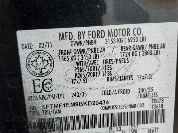 2011 Ford F-150 XL with VIN 1FTMF1EM9BKD29434, listed as a Copart auction lot 84816024 with 173,225 mi miles and Clean title. Bid and sale history available at DreamBid. Image 12.