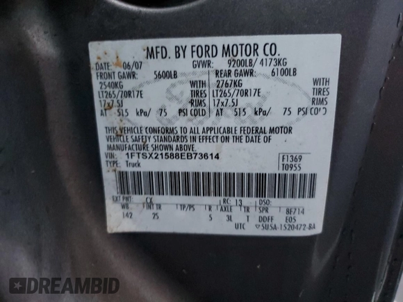 2008 Ford Super Duty F-250 SRW XL with VIN 1FTSX21588EB73614, listed as a Copart auction lot 84438274 with 87,240 mi miles and Clean Title. Bid and sale history available at carsss.com. Image 12.