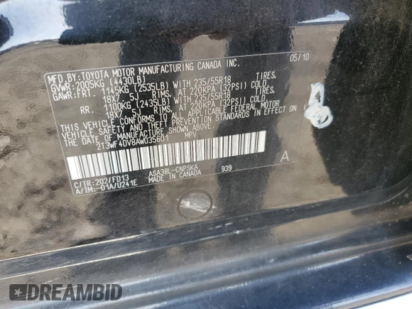 2010 Toyota RAV4 Sport z VIN 2T3WF4DV8AW035601, wystawiony jako Copart lot #61645345 z przebiegiem 212 178 mil mil oraz Szkoda całkowita • Salvage title. Historia ofert i sprzedaży dostępna na DreamBid. Obrazek 13.