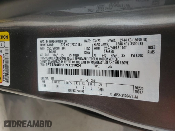 2023 Ford Ranger XL with VIN 1FTER4EH1PLE21624, listed as a Copart auction lot 44514475 with 60,396 mi miles and Salvage Title. Bid and sale history available at DreamBid. Image 12.
