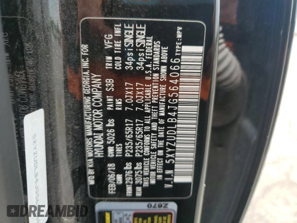 2018 Hyundai Santa Fe 2.4L с VIN 5XYZUDLB4JG564066, выставлен на аукционе Copart как лот 61033905 с пробегом 85 805 миль миль и Списание • Salvage title. История ставок и продаж доступна на DreamBid. Изображение 13.