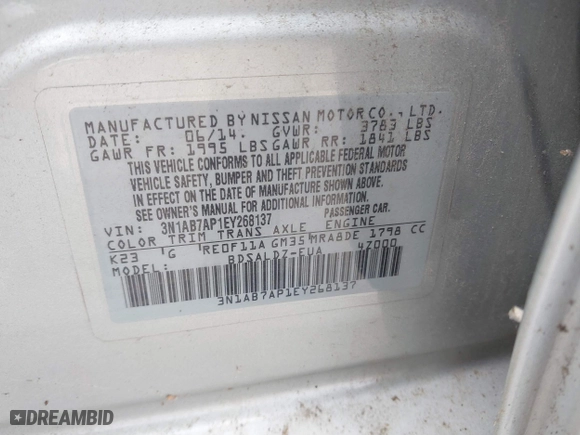 2014 Nissan Sentra SR with VIN 3N1AB7AP1EY268137, listed as a IAAI auction lot 41822136 with 117,038 mi miles. Bid and sale history available at carsss.com. Image 9.