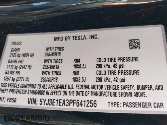 2023 Tesla Model 3 с VIN 5YJ3E1EA3PF641256, выставлен на аукционе IAAI как лот 41626795 с пробегом 13 334 миль миль и . История ставок и продаж доступна на DreamBid. Изображение 9.