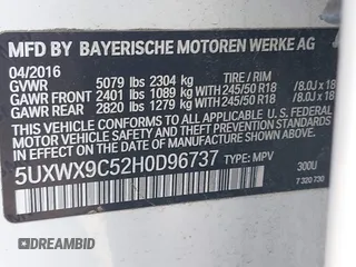 2017 BMW X3 xDrive28i z VIN 5UXWX9C52H0D96737, wystawiony jako IAAI lot #42094100 z przebiegiem 86 641 mil mil oraz . Historia ofert i sprzedaży dostępna na DreamBid. Obrazek 9.