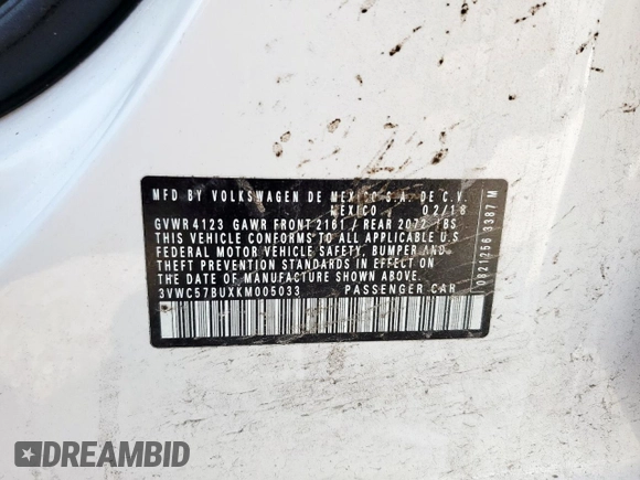 2019 Volkswagen Jetta S with VIN 3VWC57BUXKM005033, listed as a Copart auction lot 57458485 with 88,454 mi miles and Salvage title. Bid and sale history available at DreamBid. Image 12.