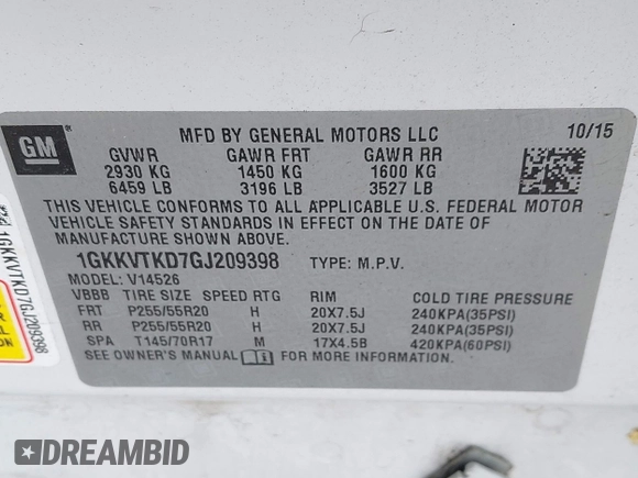2016 GMC Acadia Denali with VIN 1GKKVTKD7GJ209398, listed as a IAAI auction lot 41900224 with 82,197 mi miles. Bid and sale history available at carsss.com. Image 9.