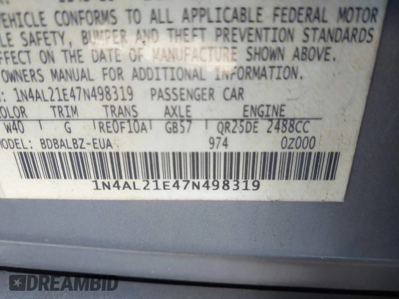 2007 Nissan Altima 2.5 S with VIN 1N4AL21E47N498319, listed as a IAAI auction lot 41601640 with 1 mi miles. Bid and sale history available at carsss.com. Image 9.