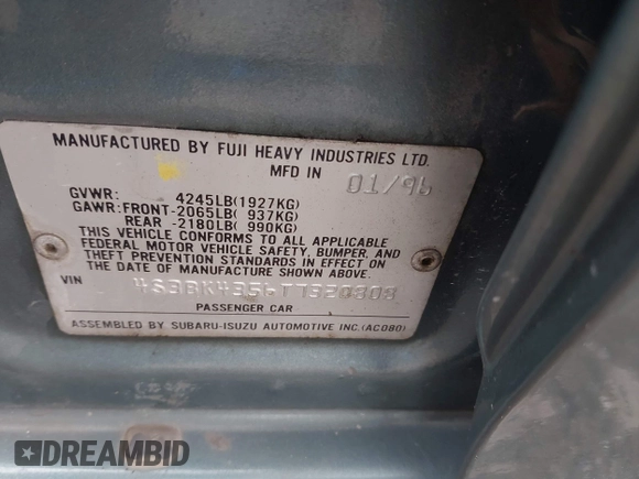 1996 Subaru Legacy L with VIN 4S3BK4356T7320808, listed as a IAAI auction lot 42308582 with 140,613 mi miles and . Bid and sale history available at DreamBid. Image 9.