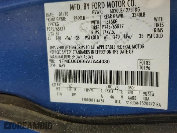2010 Ford Explorer XLT with VIN 1FMEU6DE6AUA44030, listed as a Copart auction lot 50989715 with Not provided miles and Salvage title. Bid and sale history available at DreamBid. Image 13.