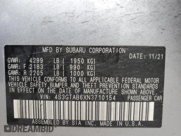 2022 Subaru Impreza с VIN 4S3GTAB6XN3710154, выставлен на аукционе Copart как лот 56993565 с пробегом 84 479 миль миль и Списание • Salvage title. История ставок и продаж доступна на DreamBid. Изображение 14.