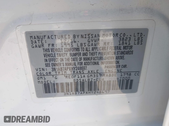 2017 Nissan Sentra S with VIN 3N1AB7APXHY248697, listed as a IAAI auction lot 42484566 with 96,615 mi miles and . Bid and sale history available at DreamBid. Image 9.