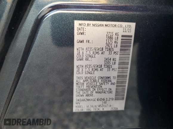 2016 Nissan Pathfinder Platinum with VIN 5N1AR2MNXGC606129, listed as a Copart auction lot 85046964 with 84,848 mi miles and Salvage Title. Bid and sale history available at carsss.com. Image 13.