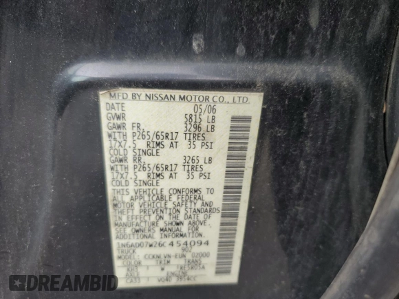 2006 Nissan Frontier LE with VIN 1N6AD07W26C454094, listed as a Copart auction lot 61377705 with Not provided miles and Clean title. Bid and sale history available at DreamBid. Image 12.