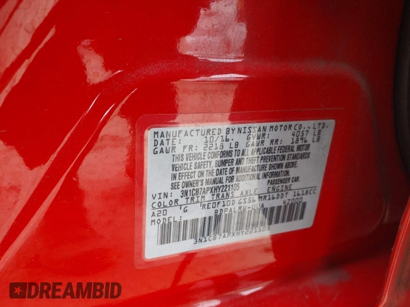 2017 Nissan Sentra SR Turbo with VIN 3N1CB7APXHY221105, listed as a IAAI auction lot 41727118 with Not Provided miles and . Bid and sale history available at carsss.com. Image 9.