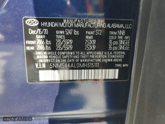2021 Hyundai Santa Fe Limited with VIN 5NMS44AL0MH315111, listed as a Copart auction lot 43872555 with 19,179 mi miles and Salvage Title. Bid and sale history available at carsss.com. Image 14.