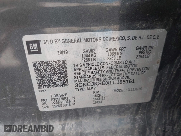 2020 Chevrolet Trax LS with VIN 3GNCJKSBXLL185161, listed as a IAAI auction lot 42032231 with 82,587 mi miles and . Bid and sale history available at DreamBid. Image 7.