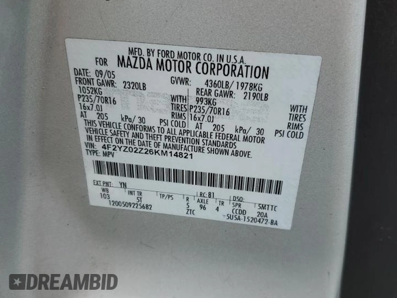 2006 Mazda Tribute i with VIN 4F2YZ02Z26KM14821, listed as a Copart auction lot 71718434 with 318,841 mi miles and Salvage Title. Bid and sale history available at carsss.com. Image 14.
