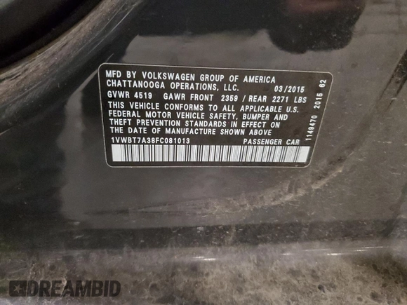 2015 Volkswagen Passat SE с VIN 1VWBT7A38FC081013, выставлен на аукционе Copart как лот 58659055 с пробегом 194 586 миль миль и Списание • Salvage title. История ставок и продаж доступна на DreamBid. Изображение 13.