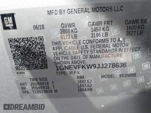 2018 Chevrolet Traverse LS with VIN 1GNEVFKW9JJ278636, listed as a IAAI auction lot 41356423 with 113,783 mi miles. Bid and sale history available at carsss.com. Image 9.
