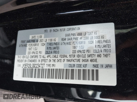 2009 Mazda CX-7 Grand Touring with VIN JM3ER29L990234727, listed as a IAAI auction lot 41272921 with 173,753 mi miles. Bid and sale history available at carsss.com. Image 9.