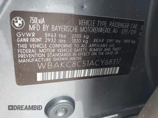 2010 BMW 7 Series 750Li xDrive with VIN WBAKC8C51ACY68317, listed as a IAAI auction lot 42210033 with 124,765 mi miles and . Bid and sale history available at DreamBid. Image 9.