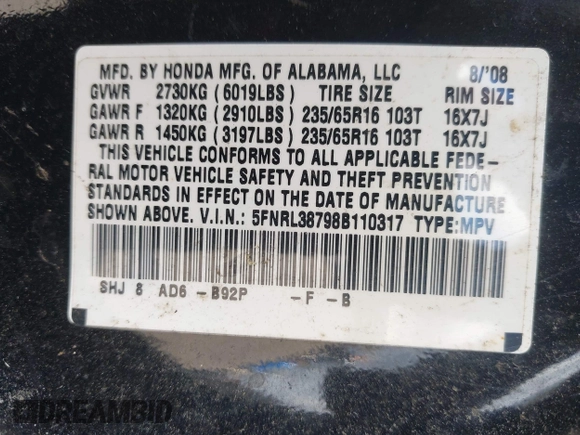 2008 Honda Odyssey EX-L with VIN 5FNRL38798B110317, listed as a IAAI auction lot 42216800 with 268,079 mi miles and . Bid and sale history available at carsss.com. Image 9.
